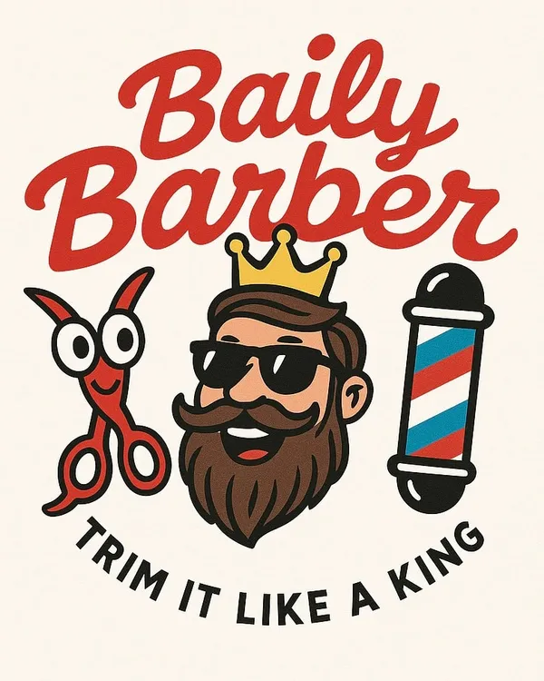 Baily Barbers logotyp: en skäggig kung med krona, sax och barberarstolpe – Trim it like a King